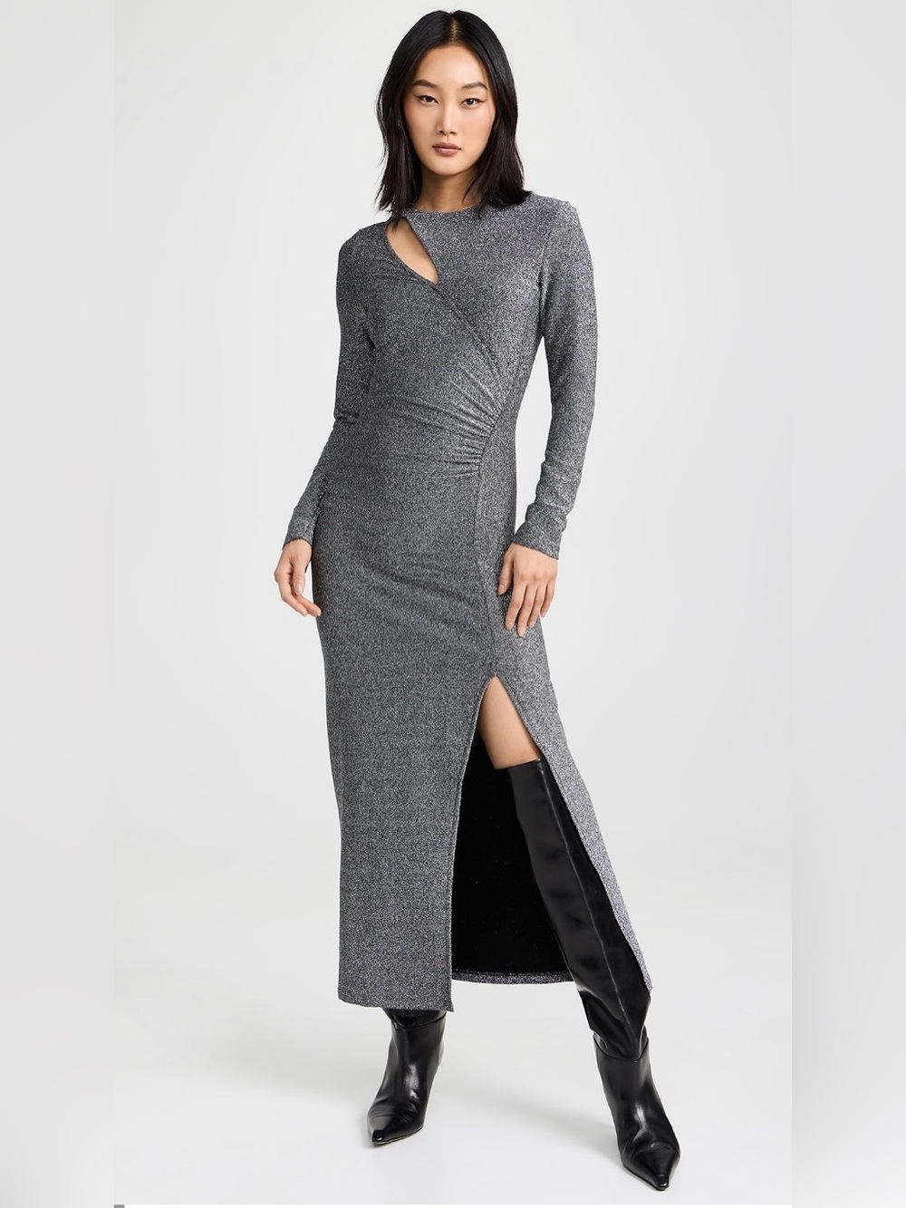 Baum und pferdgarten Shimmering Gray Long-Sleeve Maxi Dress with Side Slit M